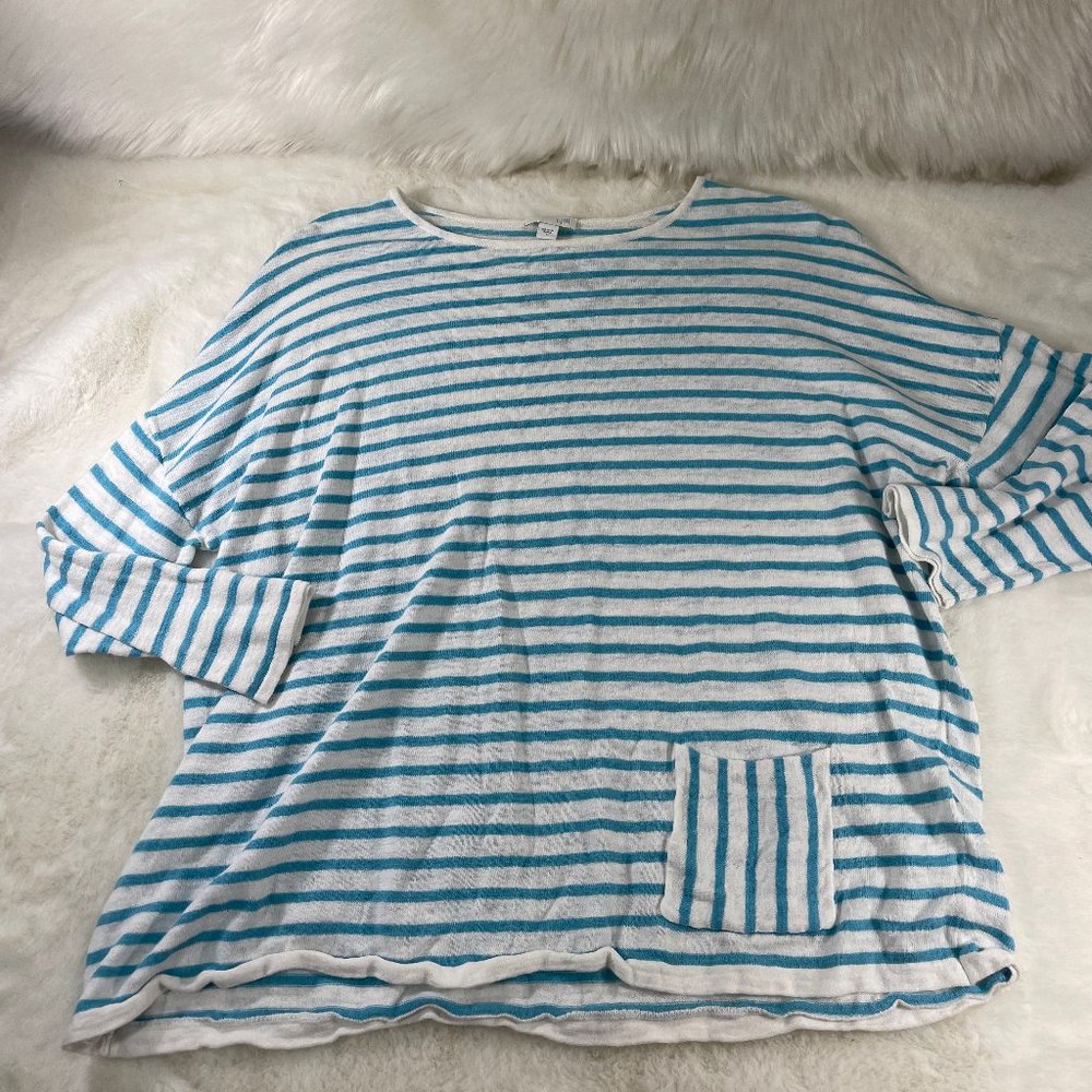 J. Jill Linen Cotton Blend Blue White Stripe Nautical Long Sleeve Top Blouse L